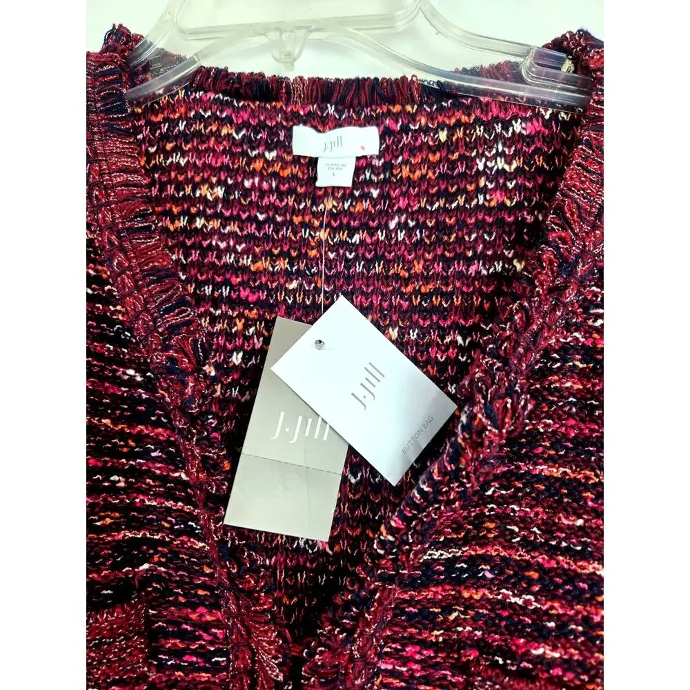J.Jill NWT Large Tweed Cardigan‎ Sweater Multicolor Cranberry Fringe Boho #778